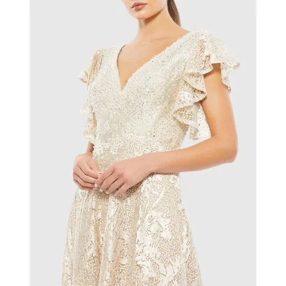 Mac Duggal Size 16 Ivory Nude Embellished Flutter Sleeve Lace A-Line Gown $798 - Picture 3 of 8